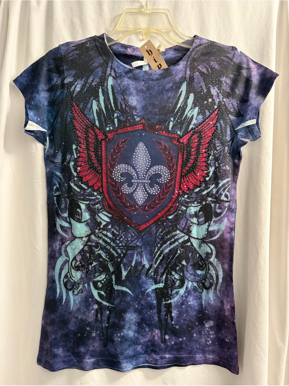 Hype Purple Tee with Red Winged Crest and Aqua Accents
